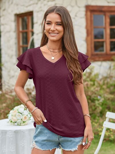 Eyelet V-Neck Short Sleeve Blouse