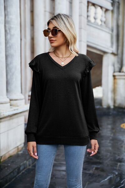 Ruffled Heathered V-Neck Long Sleeve T-Shirt