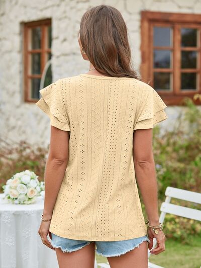 Eyelet V-Neck Short Sleeve Blouse