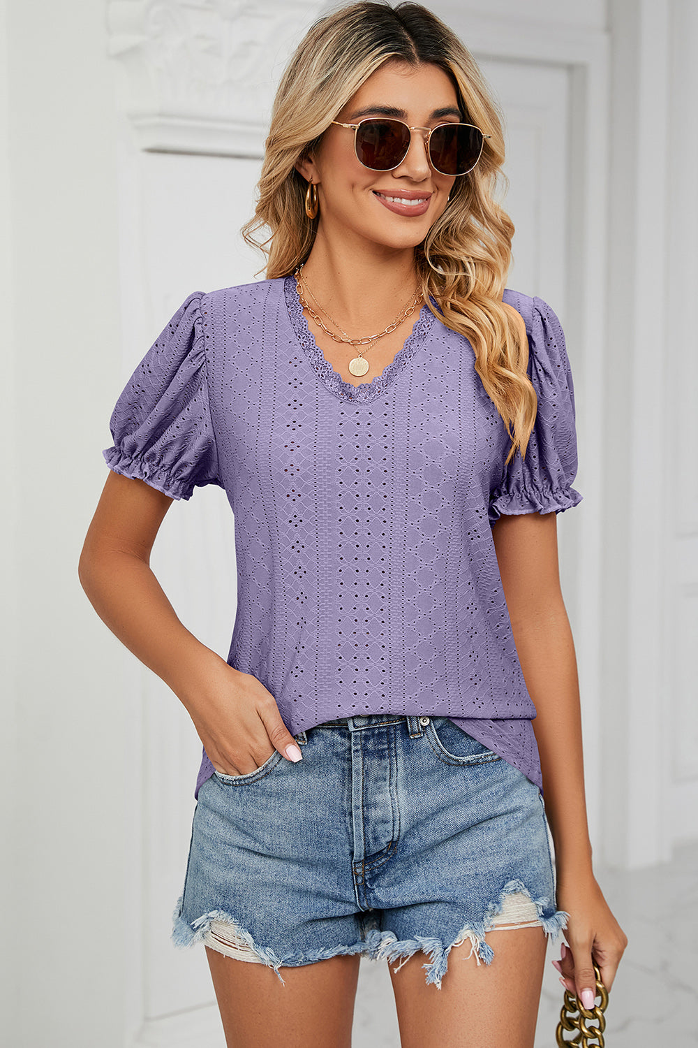 Eyelet V-Neck Short Sleeve Top