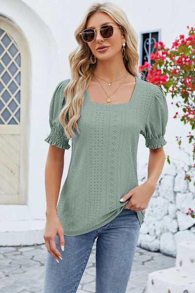 Eyelet Square Neck Short Sleeve T-Shirt