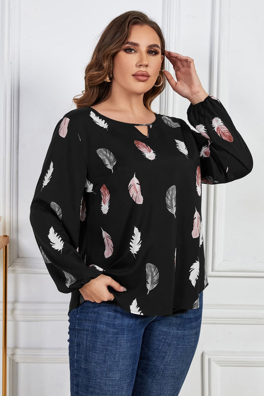 Plus Size Printed Round Neck Long Sleeve Cutout Blouse