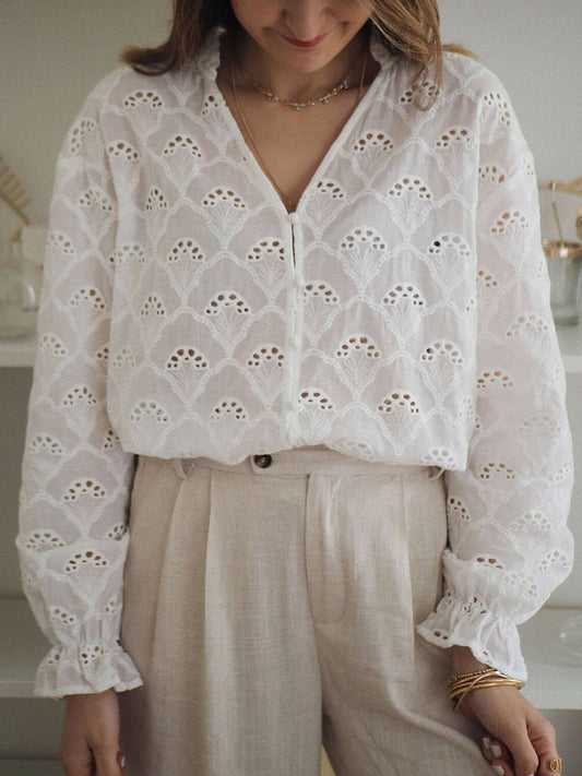 Eyelet Notched Neck Flounce Sleeve Blouse