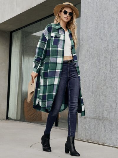 Plaid Pocketed Button Up Trench Coat