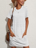 Pocketed Striped Round Neck Short Sleeve Dress