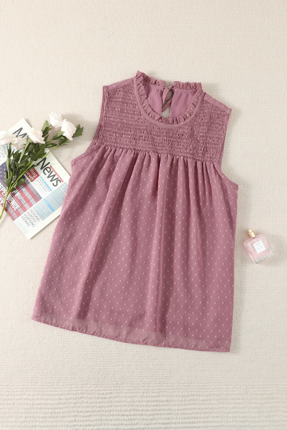 Smocked Frill Swiss Dot Round Neck Tank