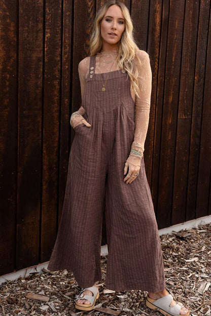 Texture Buttoned Wide Leg Overalls