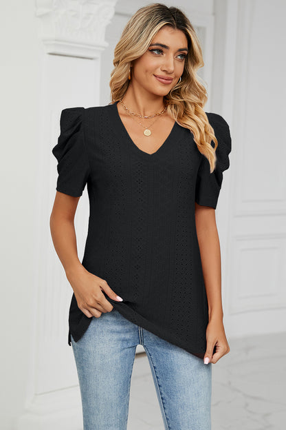 Eyelet V-Neck Short Sleeve Blouse