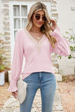 Eyelet V-Neck Smocked Flounce Sleeve Blouse