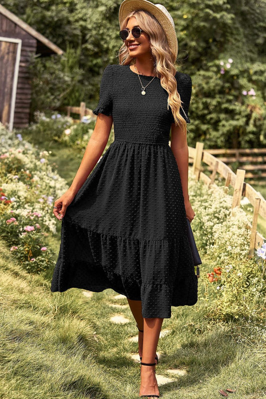 Swiss Dot Smocked Round Neck Short Sleeve Midi Dress