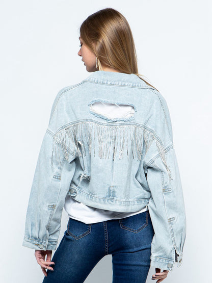 Cropped Collared Neck Dropped Shoulder Denim Jacket