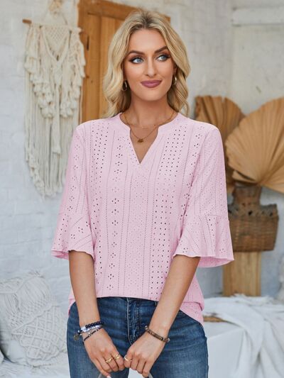 Eyelet Notched Half Sleeve T-Shirt