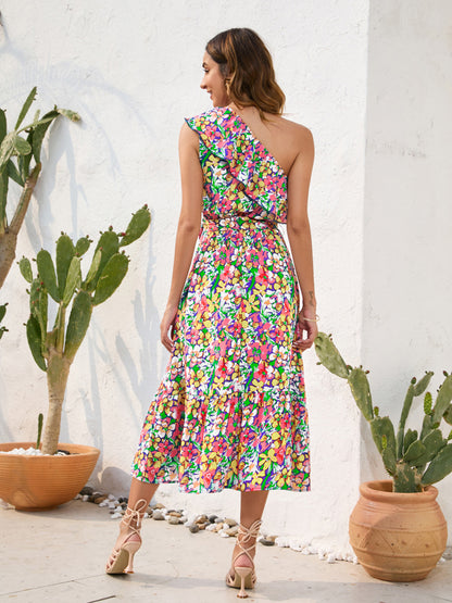 Ruffled Printed One Shoulder Midi Dress