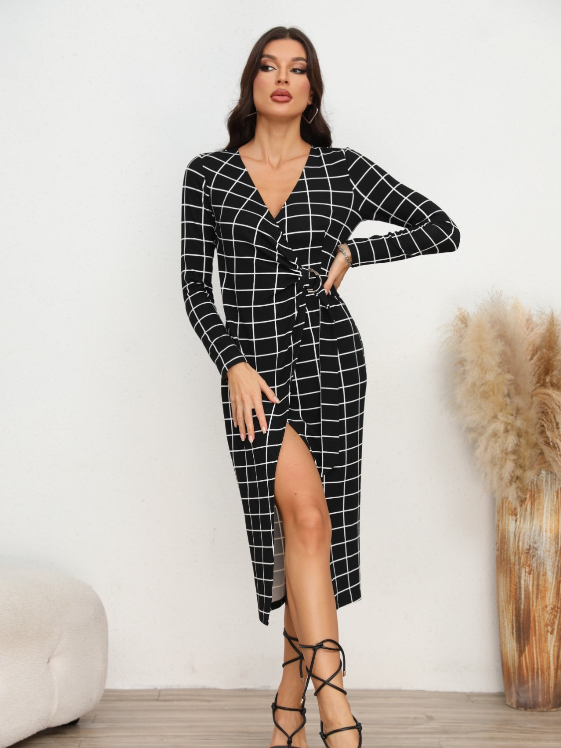 Plaid Long Sleeve Slit Dress