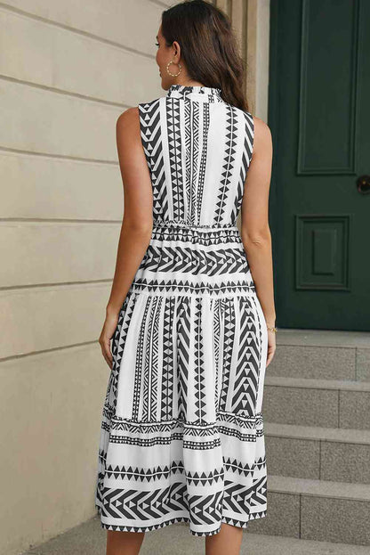 Tie Neck Printed Midi Dress