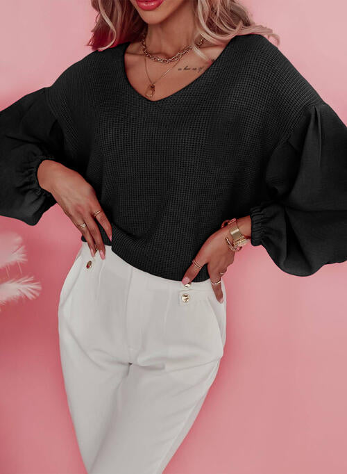 Waffle -Knit V-Neck Long Sleeve Blouse