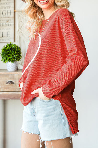 Slit Waffle-Knit Boat Neck Long Sleeve Sweatshirt