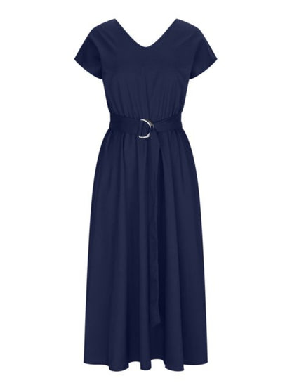 Ruched V-Neck Cap Sleeve Dress