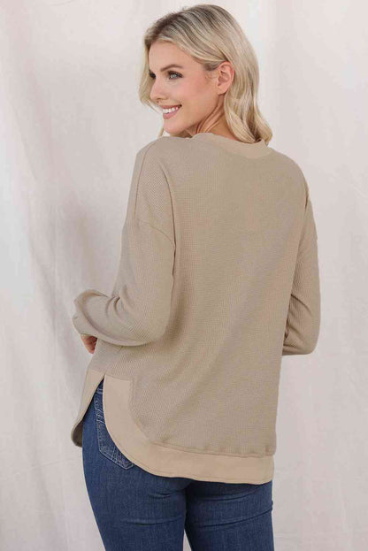 Waffle-Knit Crewneck Drop Shoulder Top