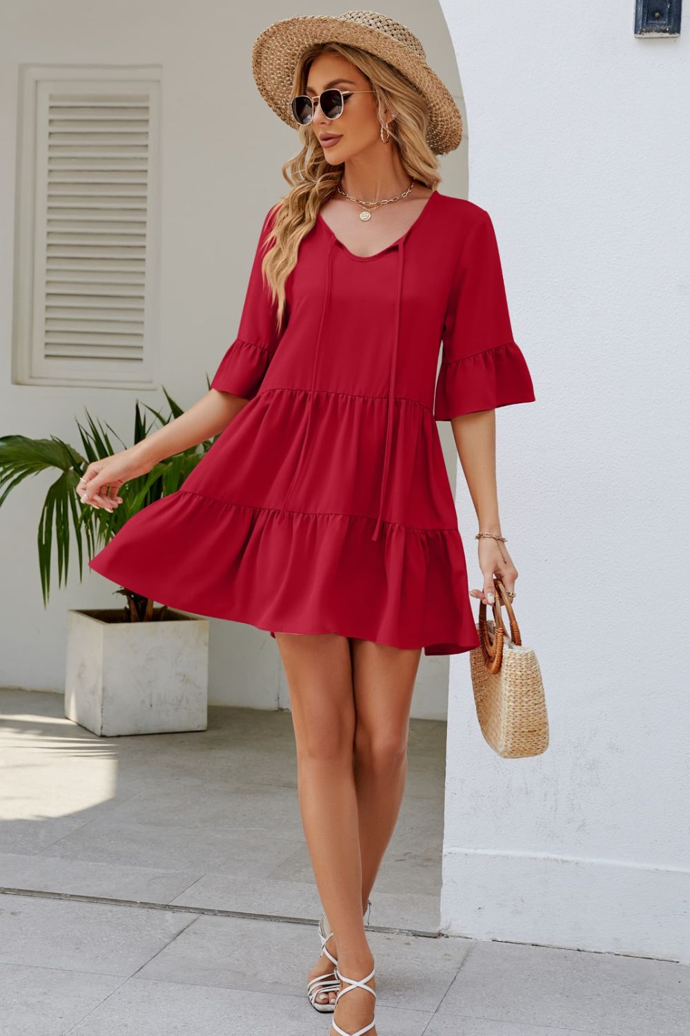 Tied Flounce Sleeve Mini Dress