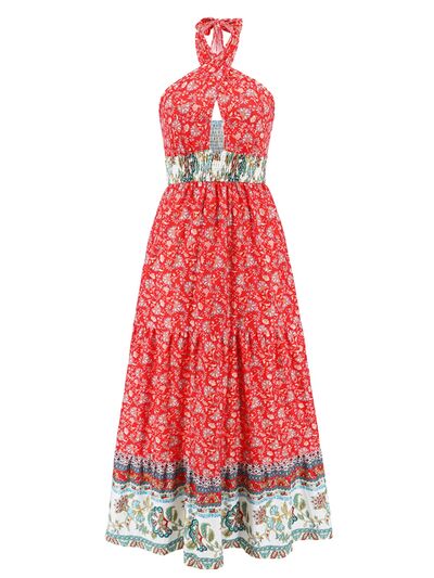 Smocked Printed Halter Neck Dress