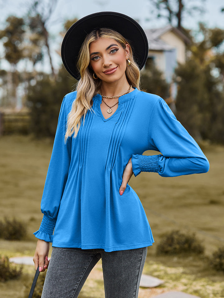 Notched Neck Flounce Sleeve Blouse