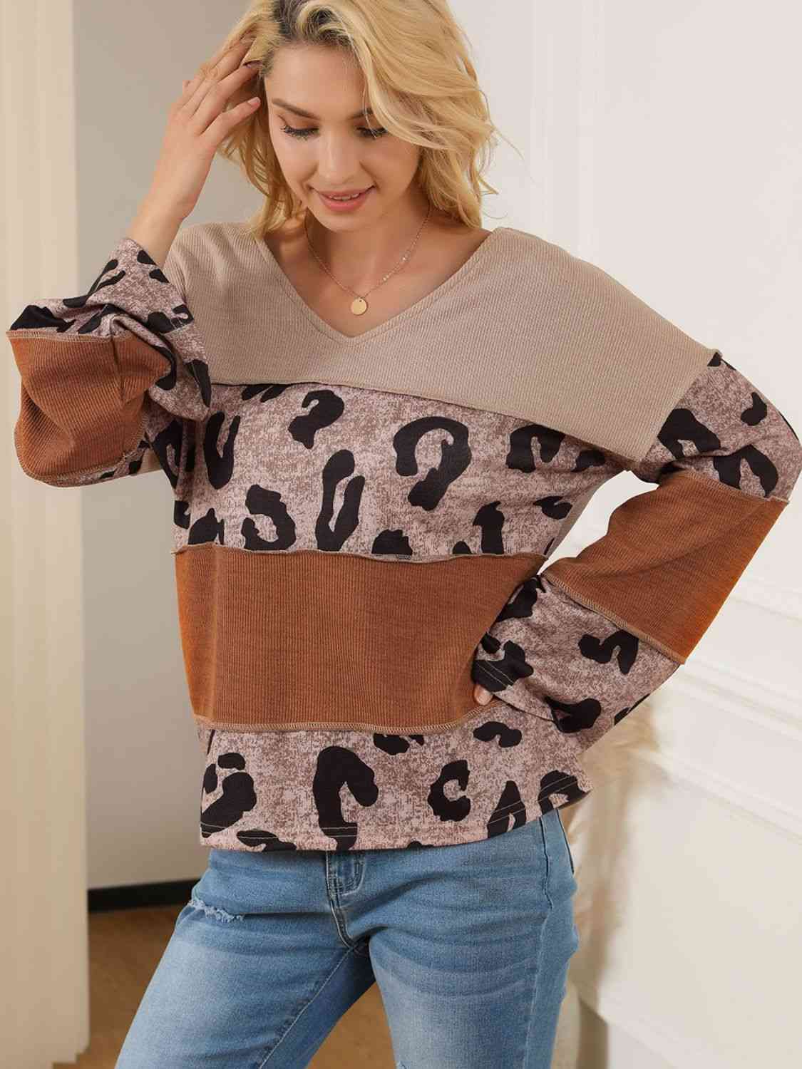 Color Block Leopard V-Neck Blouse