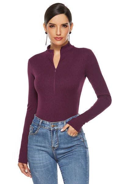 Full Size Ribbed Half Zip Long Sleeve Bodysuit