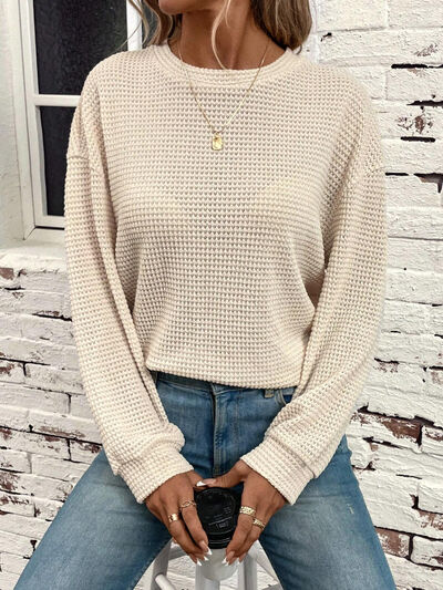 Waffle-Knit Round Neck Long Sleeve T-Shirt