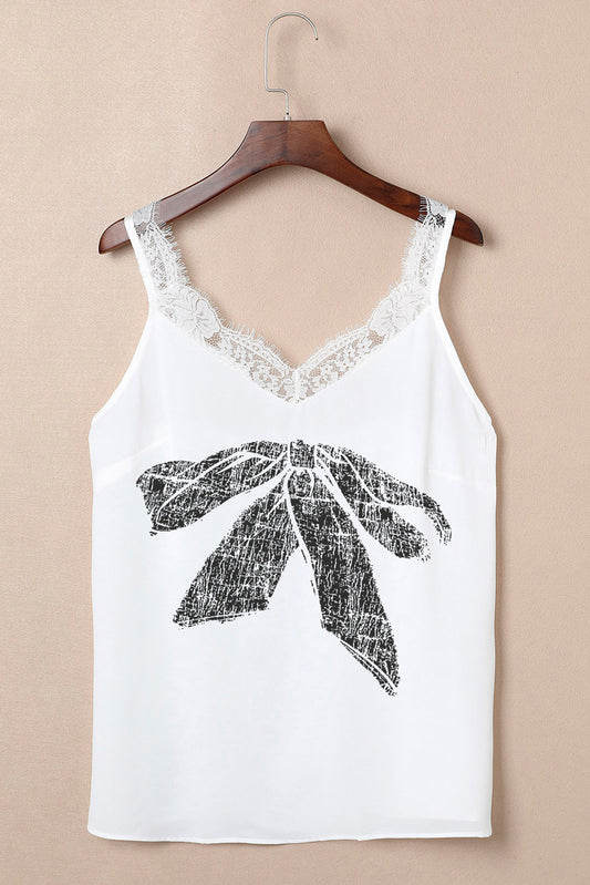 Lace Detail Bow Graphic V-Neck Tank