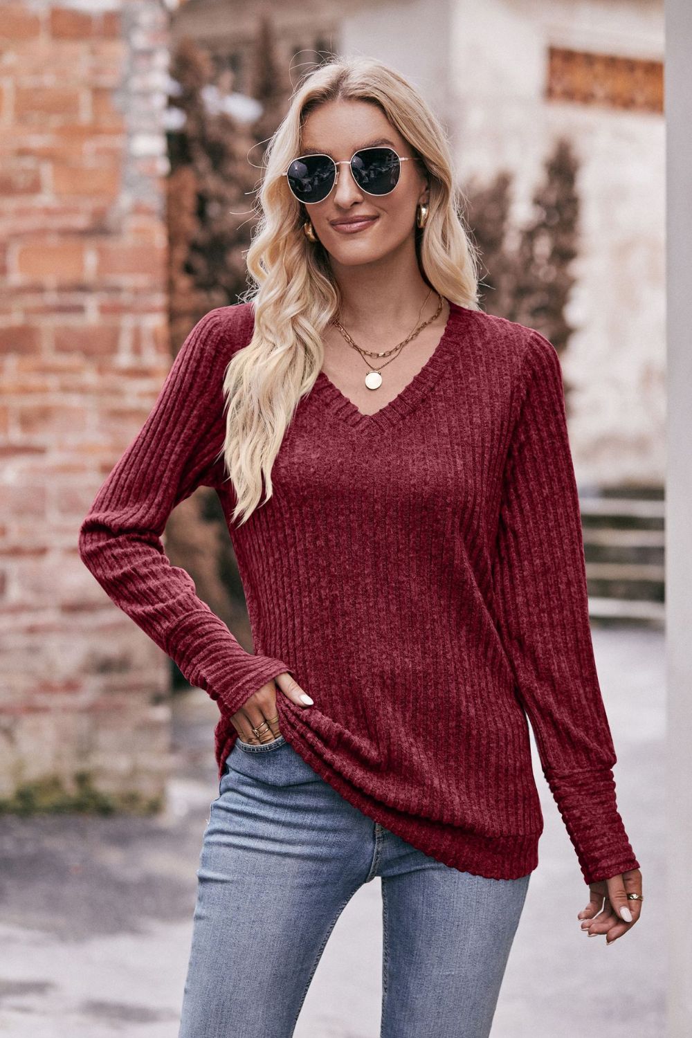 V-Neck Long Sleeve Ribbed Top