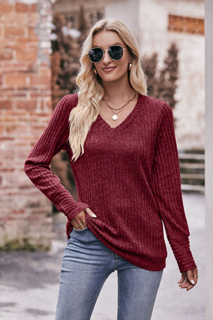 V-Neck Long Sleeve Ribbed Top