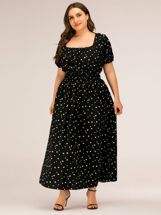 Plus Size Polka Dot Square Neck Dress