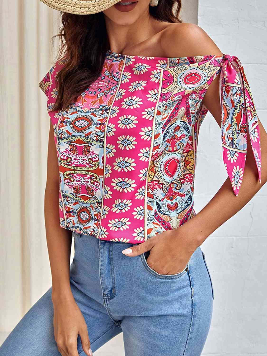 Printed Tied-Shoulder Single Shoulder Top