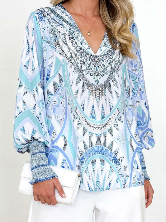 Printed V-Neck Long Sleeve Blouse