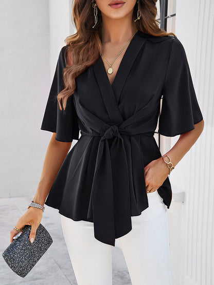 Surplice Tie Waist Half Sleeve Blouse