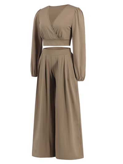 Surplice Top and Wide Leg Pants Set