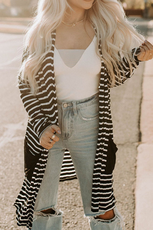 Striped Long Sleeve Cardigan with Pocket