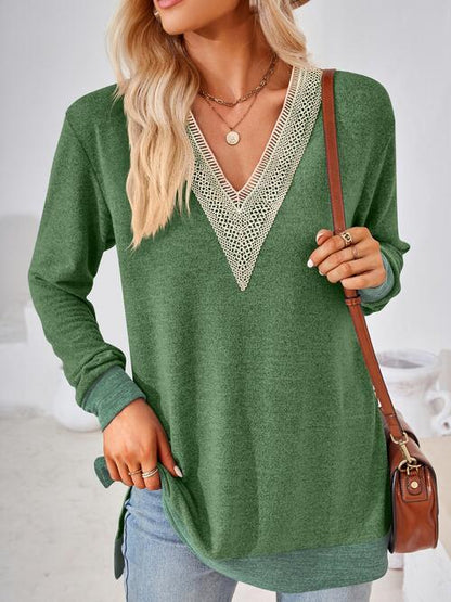 Crochet Contrast V-Neck Long Sleeve Slit T-Shirt