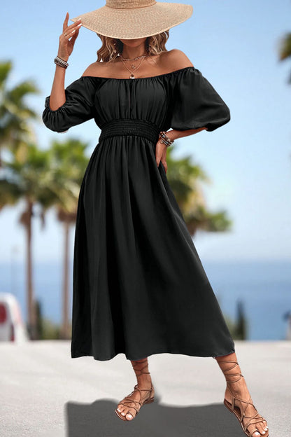 Square Neck Smocked Waist Puff Sleeve Midi Dress