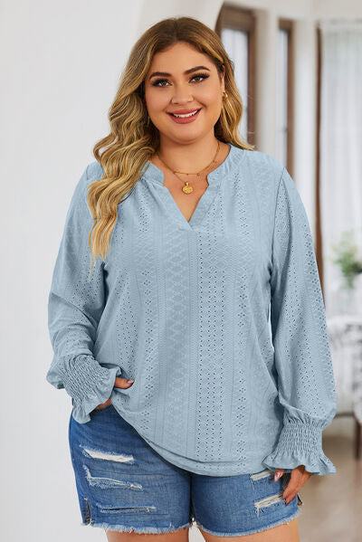 Plus Size Eyelet Notched Flounce Sleeve Blouse