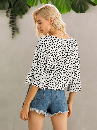 Tied Printed Button Up V-Neck Blouse