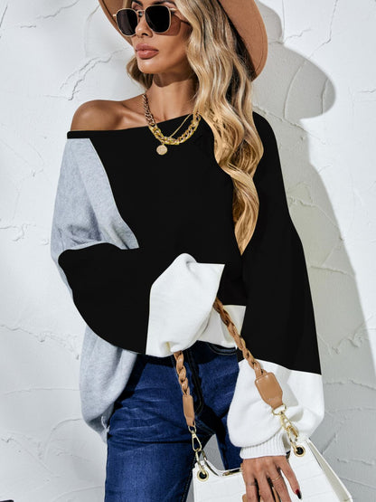 Color Block Balloon Sleeve Boat Neck Sweater