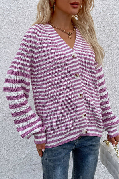 Striped V-Neck Button-Down Cardigan