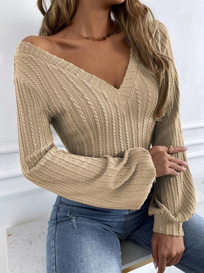 Cable-Knit V-Neck Long Sleeve Knit Top