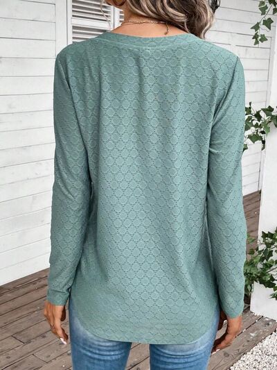 Eyelet V-Neck Long Sleeve T-Shirt