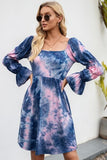 Tie-Dye Square Neck Flounce Sleeve Dress