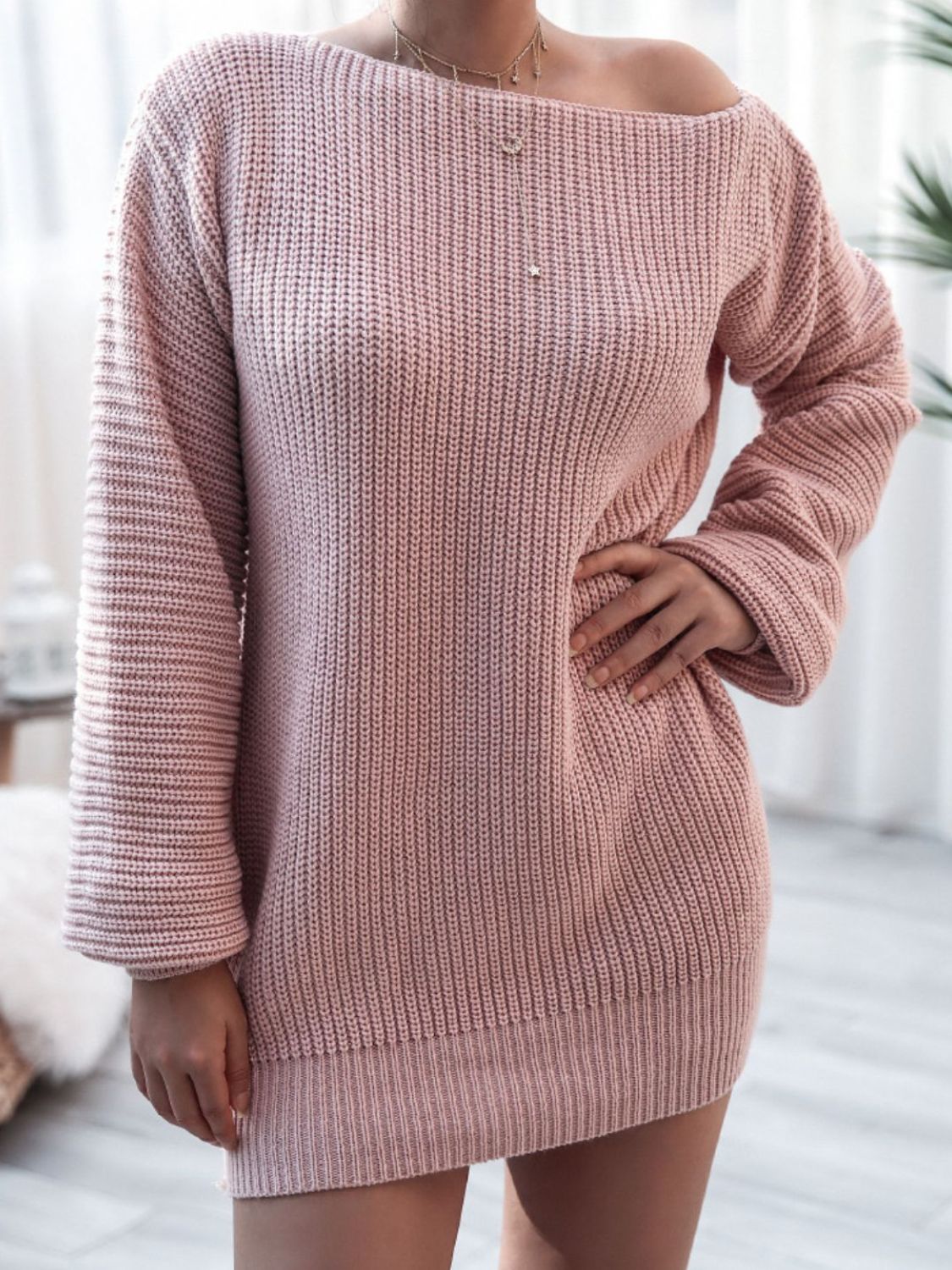 Rib-Knit Balloon Sleeve Boat Neck Sweater Dress