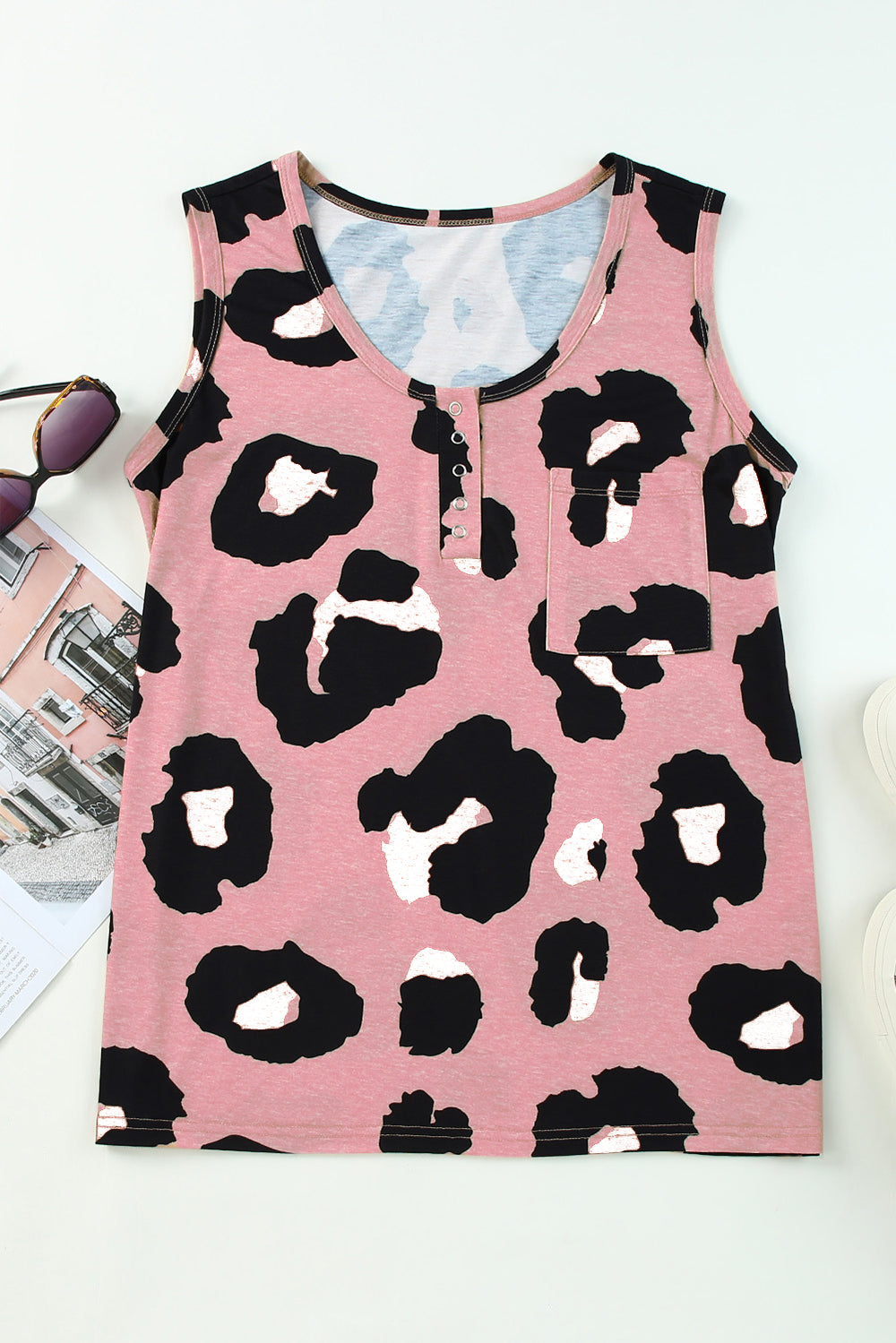 Pocketed Leopard Round Neck Tank