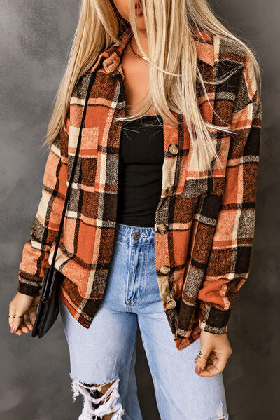 Plaid Pocketed Button Up Jacket